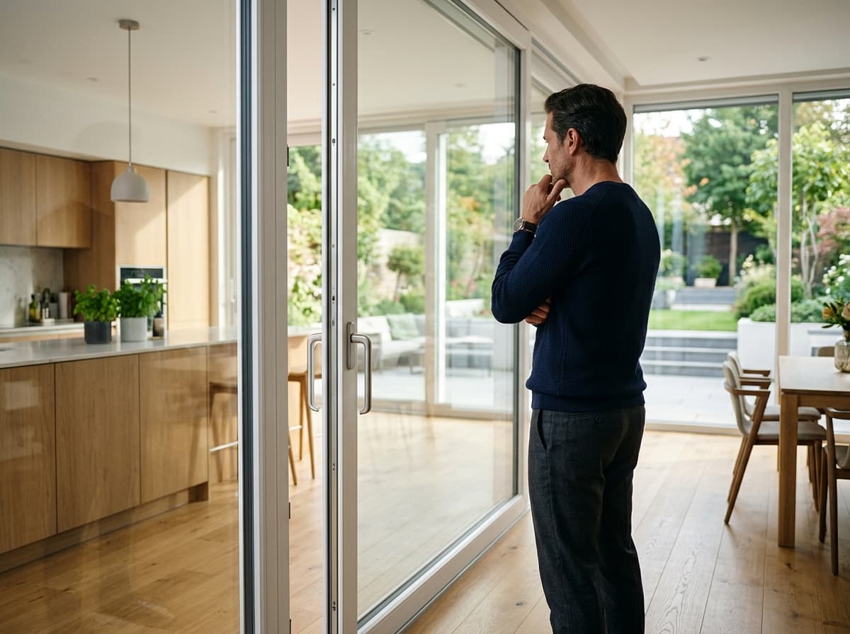 Curious customer inspecting uPVC windows and doors with questions